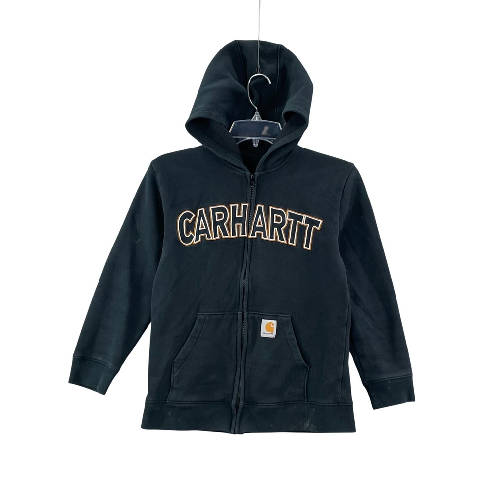 Carhartt Zip Up Hoodie Kids L Black Arched Logo Fleece Sweatshirt Pocket